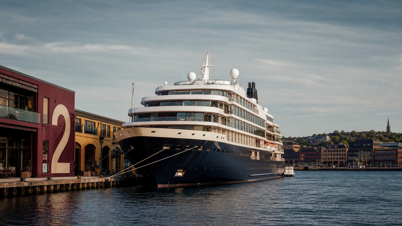 Contemporary cruise ship beside a renovated waterfront district